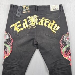 NEW Ed Hardy Stacked Boot Jeans Mens 36 Black Wash Denim Dragon Tattoo Graphic